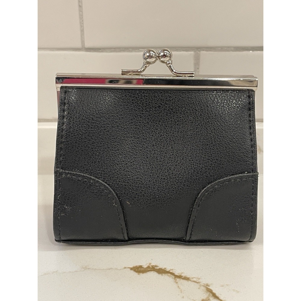 Sisley Coin Purse Black Kisslock Wallet Makeup Travel 4" x 4" Faux Leather